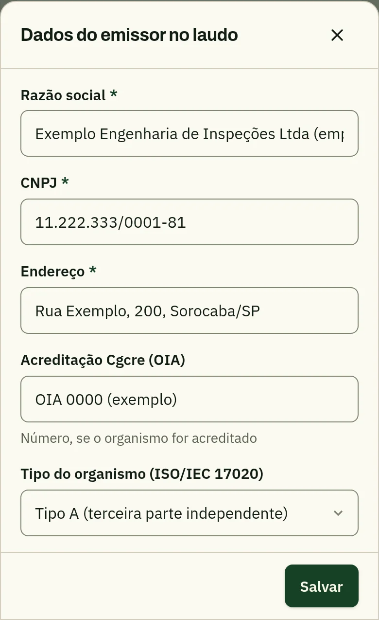 Tela Dados do emissor no laudo com razão social, CNPJ, endereço, o campo Acreditação Cgcre (OIA) com um número de exemplo e o Tipo do organismo (ISO/IEC 17020) em Tipo A