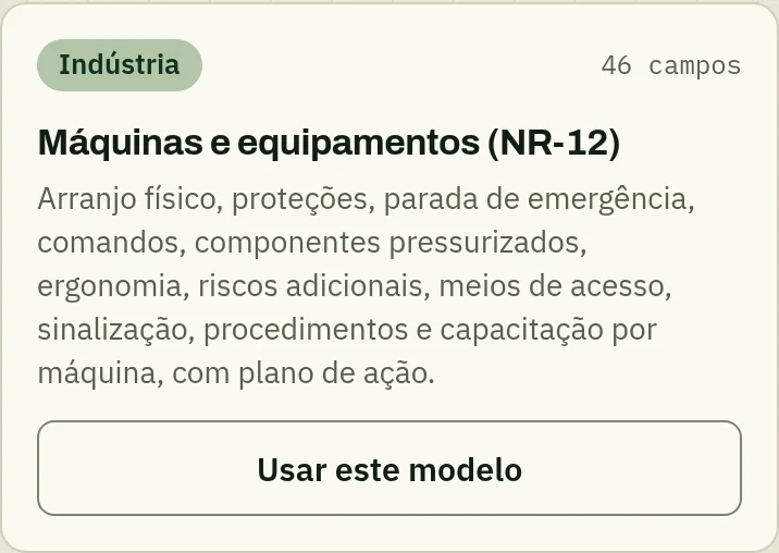 Cartão do modelo Máquinas e equipamentos (NR-12), do segmento Indústria, com a descrição e o botão Usar este modelo