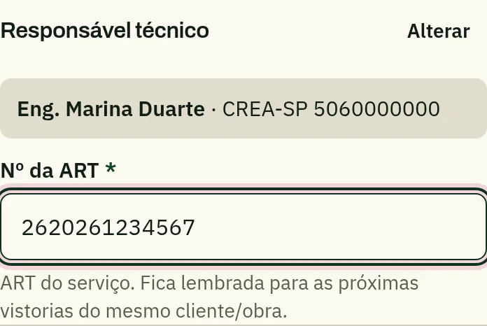 Parte da tela de aprovação com o responsável técnico Eng. Marina Duarte, CREA-SP, e o campo Nº da ART preenchido