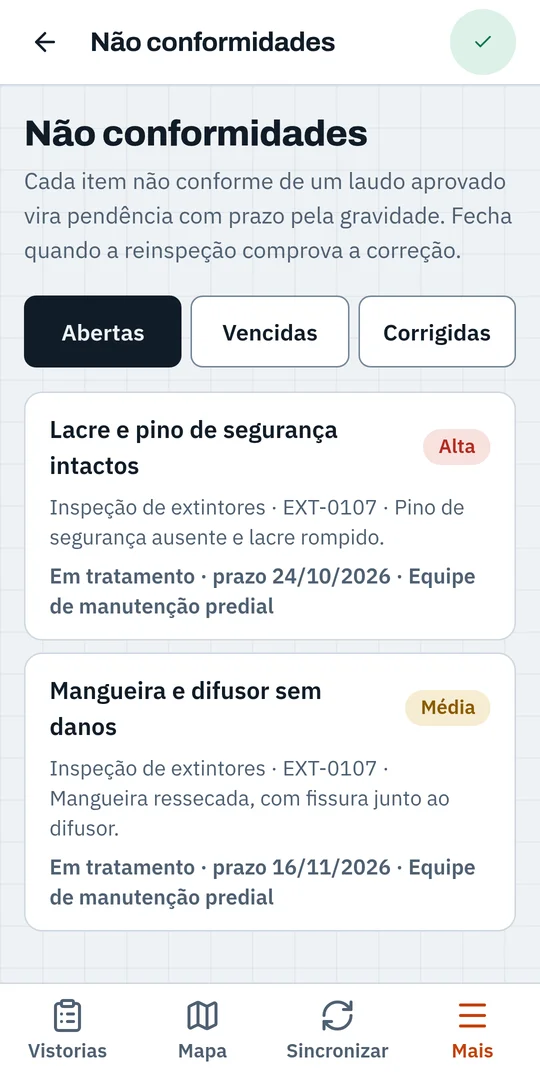 Lista de não conformidades em tratamento, com gravidade, prazo de correção e responsável